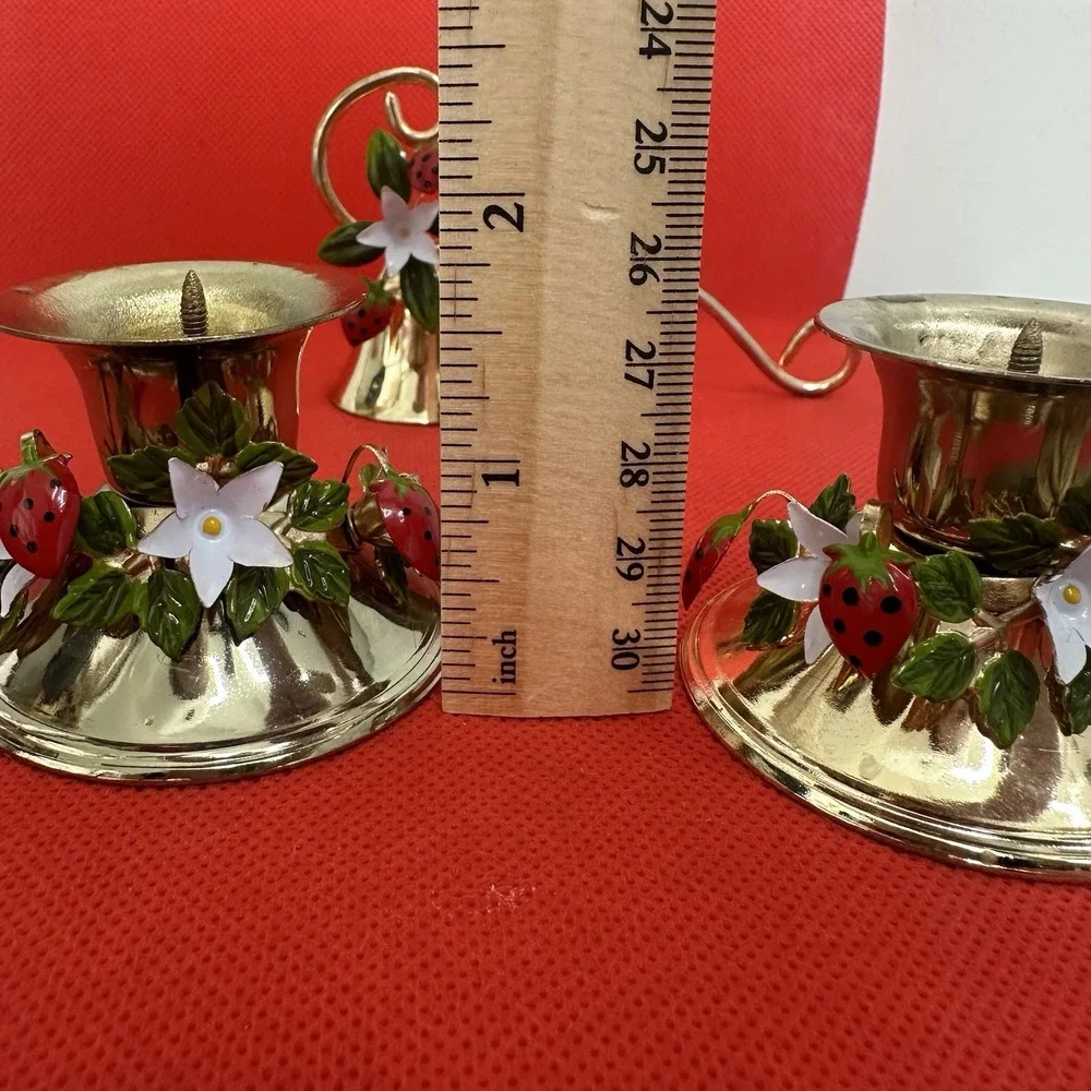 3 Piece Vintage George Good candle holders & snuffer Strawberry Enamel Gold Tone